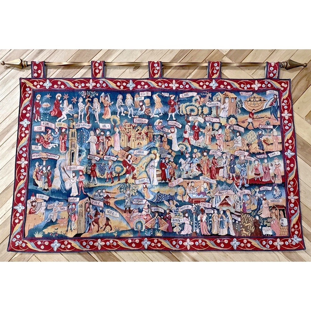 Vintage Biblical Tapestry Wall Hanging Bible Story Scenes 52x33 Rod Included